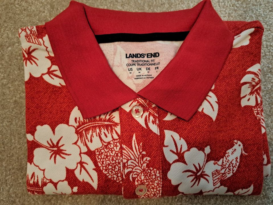 Poloshirt, Lands End, M, rot weiß, Hibiskus und Papagei, NEU in Horneburg