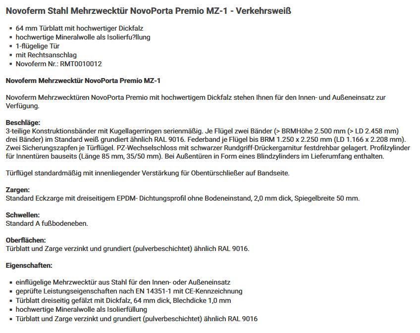 Novoferm Stahl Mehrzwecktür NovoPorta Premio weiß 1000x2000 mm in Hemhofen