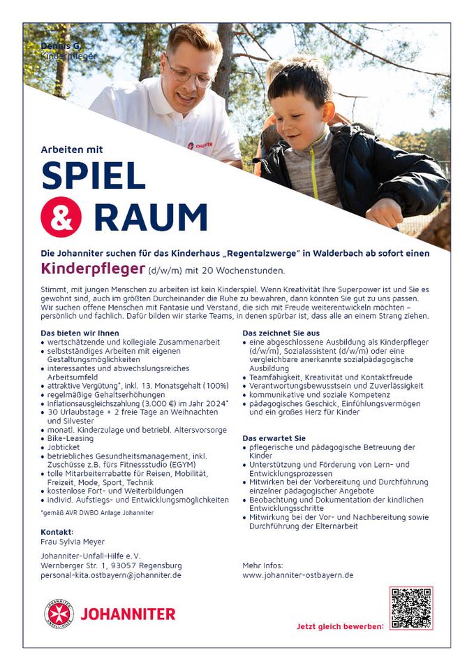 Kinderpfleger / päd. Ergänzungskraft (d/w/m) Johanniter-Kinderhaus "Regentalzwerge" Walderbach mit 20 Wochenstunden gesucht in Walderbach