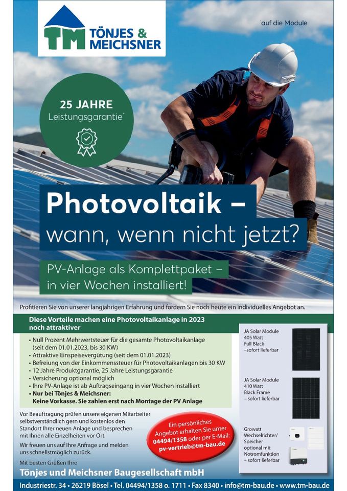 T&M Paket 2 Photovoltaik mit Speicher und Wallbox in Bösel