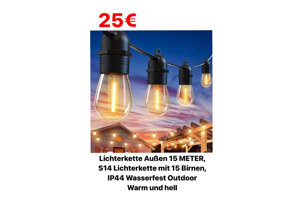 LED Lichterkette 15 Meter für Aussen Lampen Leuchten Outdoor String Lights erweiterbar bis zu 20 Strägen Beleuchtung Licht Balkon Garten Terrasse NEU in Bielefeld