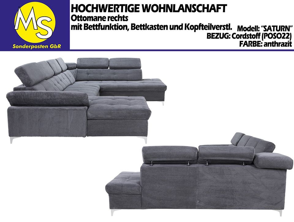 Sofa Couch Wohnlandschaft U Form Bettfunktion-Bettkasten Cord gra in Mettingen