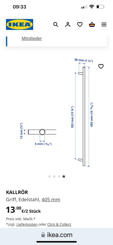 Ikea Kallrör Stabgriff Möbelgriff Schrank Küche 405 mm Edelstahl in Eckernförde