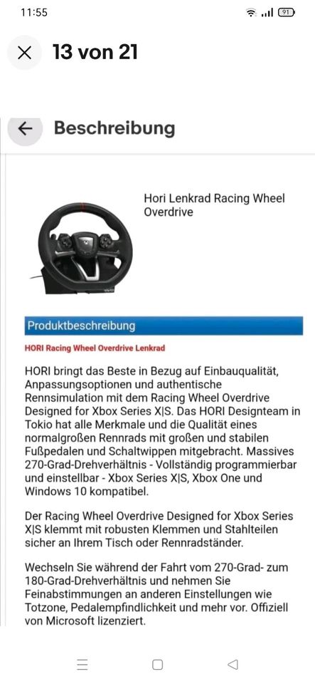 Lenkrad Racing Overdrive Hori  2-Pedale für XboxOne/XS in Reichshof