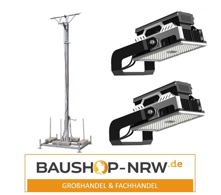 MÜBA Lampenmast mit 2x LED Fluter 75.000lm 500W (ohne Ballast) mit Standfuß und Lampenträger Höhe 5,50m Lampenhöhe 6,00m Leuchtenmast Lichtmast in Ense