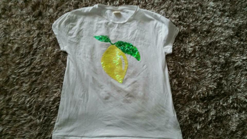 Wende Pailletten Shirt von Zara in Weiss mit Zitrone Gr.164 in Warendorf