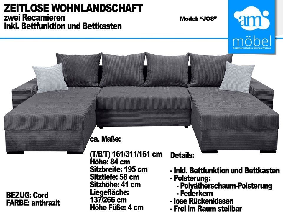 Sofa Couch Wohnlandschaft U Form Bettfunktion-Bettkasten, Federke in Bremen