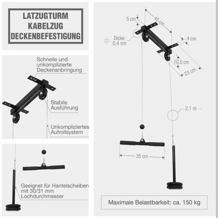 Kabelzug - für die Decke, inkl. Trizepsstange, bis 150 kg, 30mm in Langenselbold