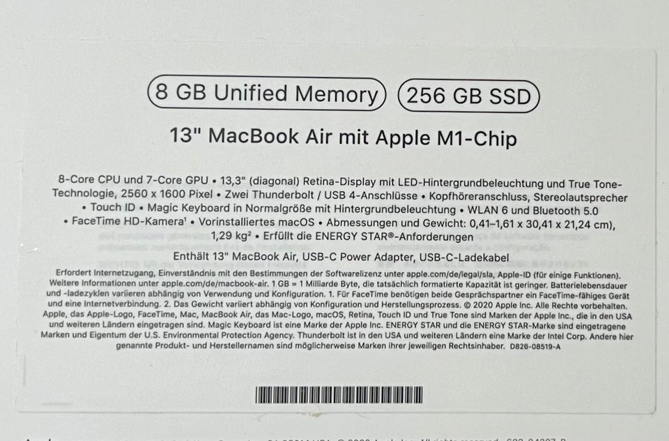 Apple MacBook Air 13" M1 8-256gb  - 2020 - A2337 mit Garantie! in Oerlinghausen