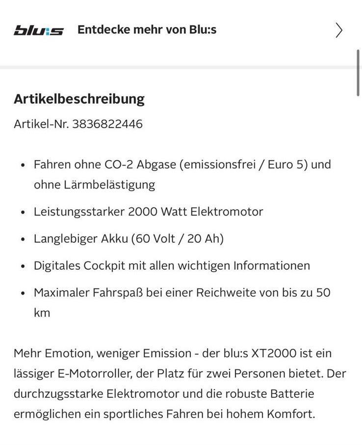 E-Roller Blu:s XT2000 45km/h  Versichert bis 03/25 in Bad Lippspringe