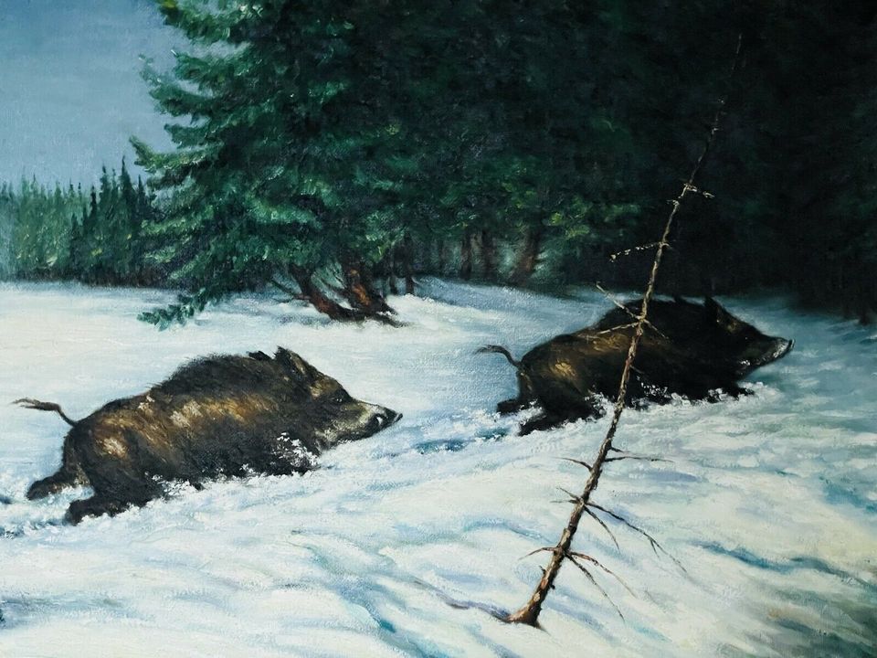 Antik Ölgemälde Öl Platte G. Ludwig '81 Wildschweine Gemälde Bild in Hagen