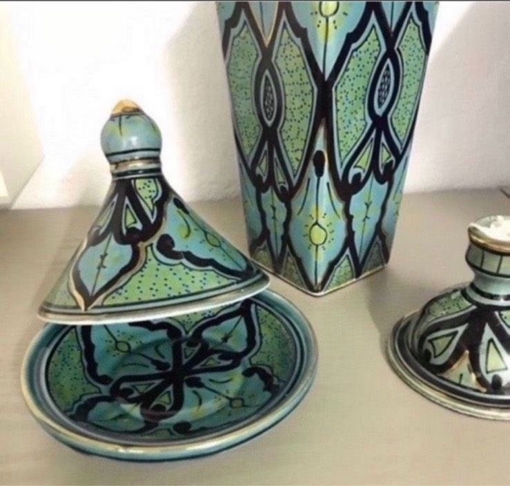 Wunderschönes Keramik Set Vase Schale mit Deckel Kerzenhalter in Schöneck
