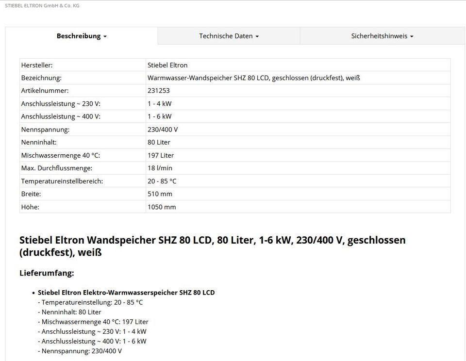 Stiebel Eltron Warmwasser-Wandspeicher SHZ 80 LCD  80l in Kelheim