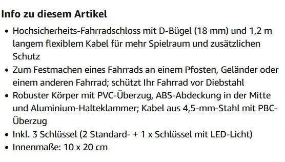 Amazon Basics - Fahrradschloss, D-förmig, mit 1,21-m-Flexkabel in Bleckede