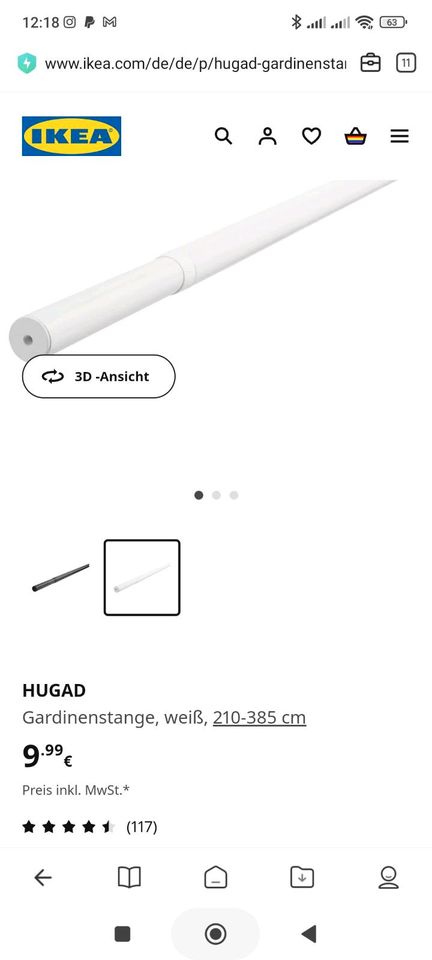 2x Gardinenstange weiß Ikea Hugad  210-385 cm in Neukirchen-Vluyn