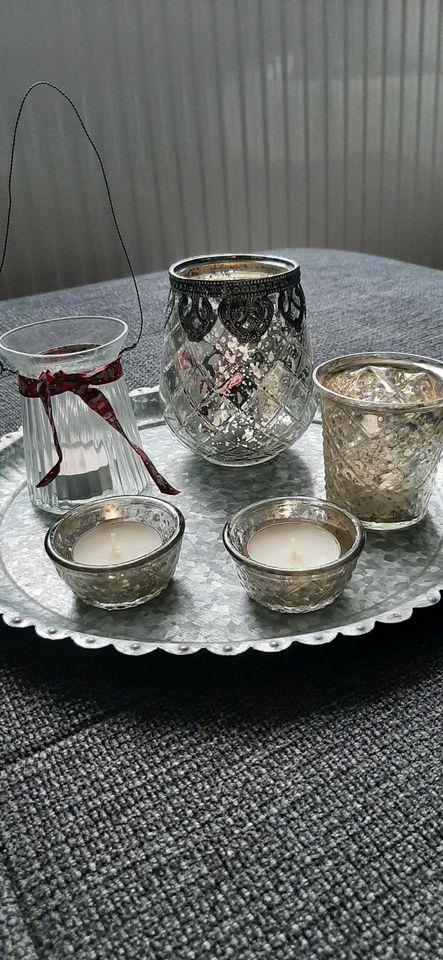 Deko Tablett mit fünf Teelichtern, silber in Lübeck