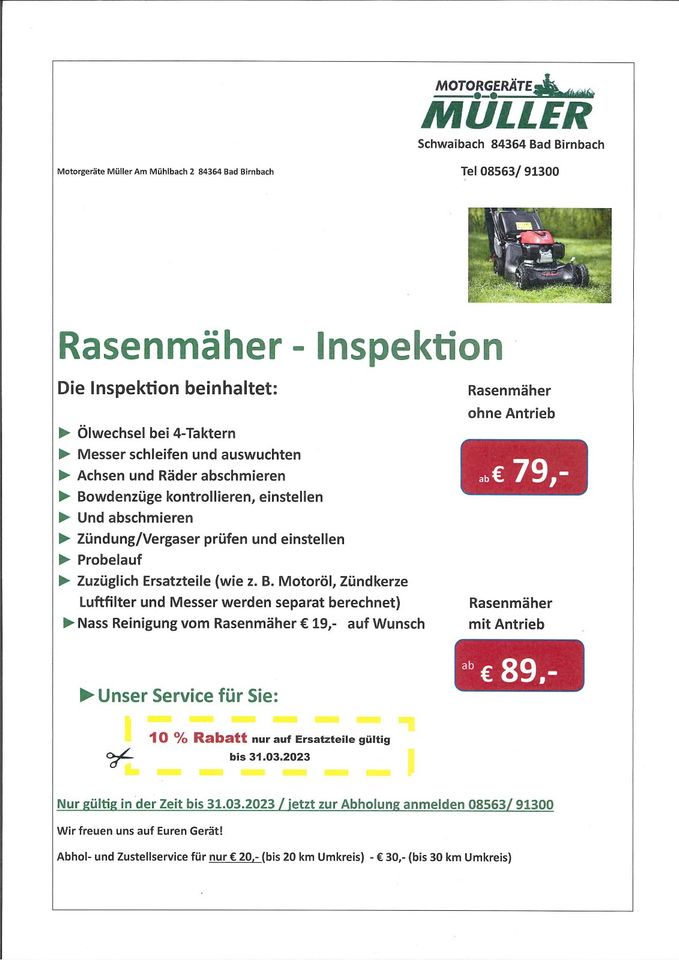 Kundendienst Reparatur Service Rasenmäher Ölwechsel in Bad Birnbach