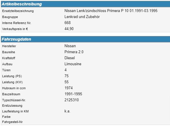 Nissan Lenkschloss Zündschloss Primera P 10 01.1991-03.1995 in Bottrop