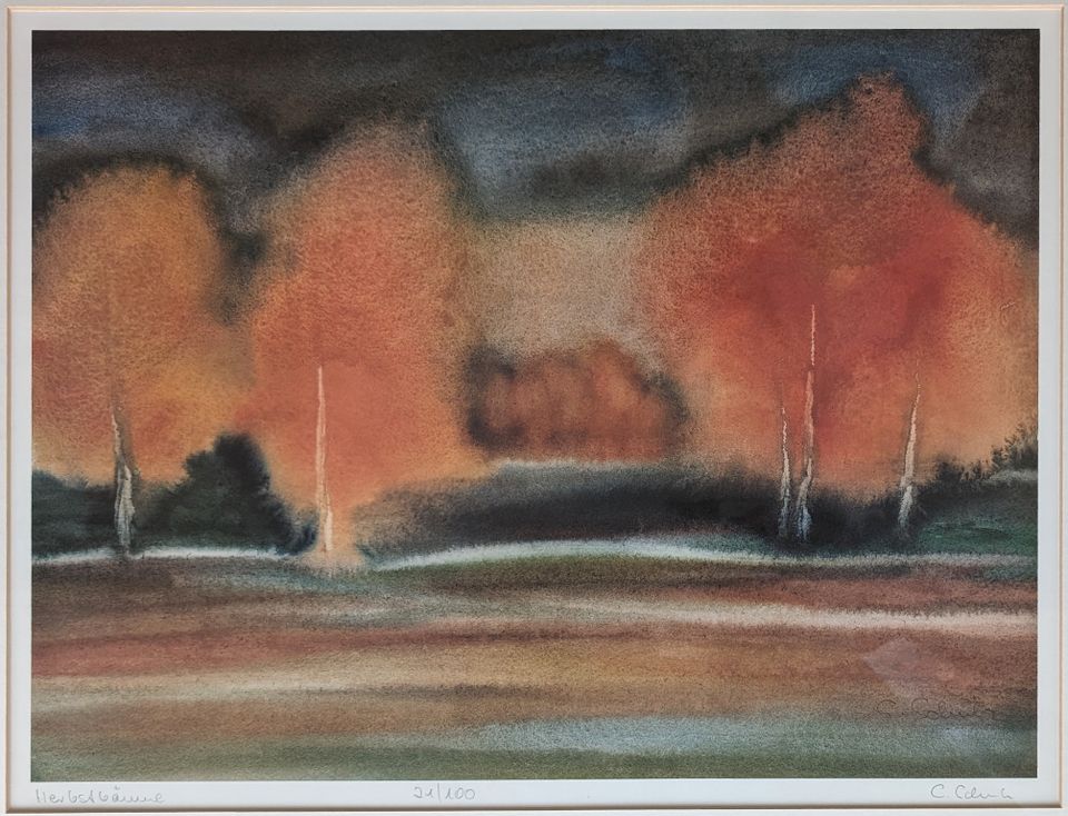 Elke Schulz Herbstbäume Aquarelle Original gerahmt in Moritzburg