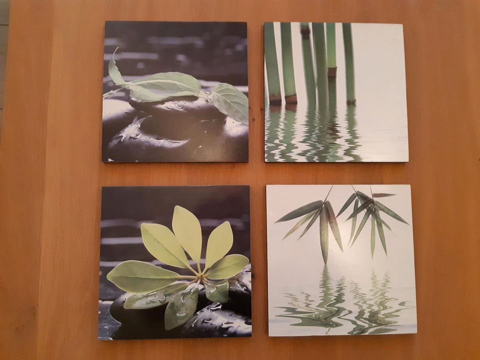 4 Holz-Bilder, grün/ schwarz, Natur: Bambus, Wasser, Stein, Blatt in Castrop-Rauxel