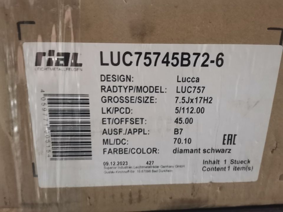 1X Rial Lucca Alufelge Felge 7.5x17 ET45 R17 17 Zoll Schwarz in Gelsenkirchen