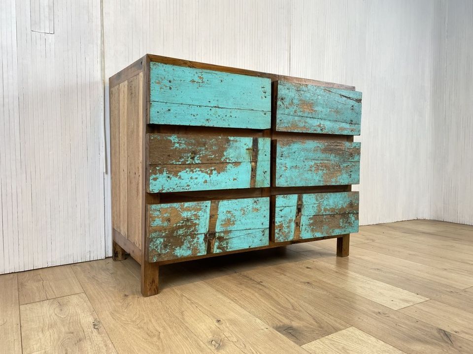 Boatwood by WMK # Schöne, meeresblaue Schubladenkommode aus altem Bootsholz, ein handgefertigtes Unikat aus massivem Teakholz # Schrank Kommode Wäschekommode Sideboard Wickelkommode Flurkommode Teak in Berlin