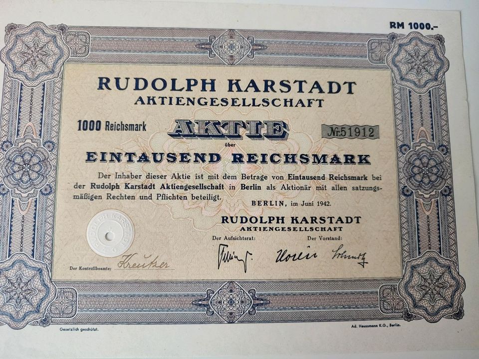 Karstadt Aktie Sammleraktie Rudolph eintausend Reichsmark in Berlin