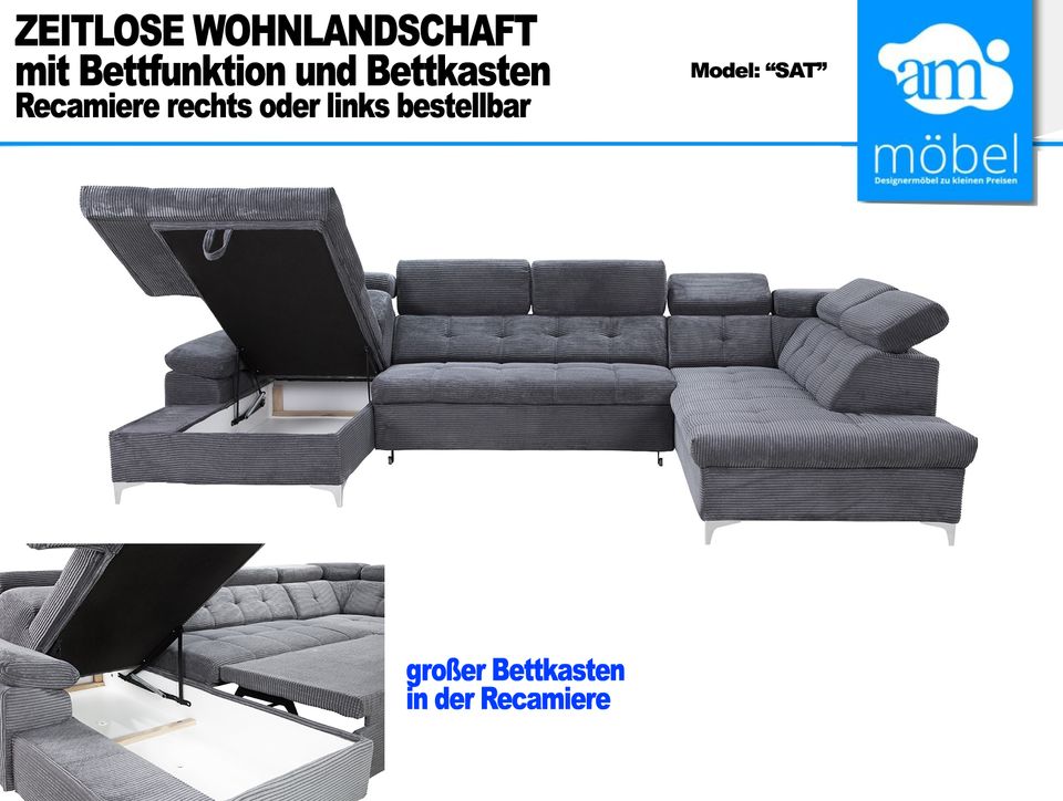 Sofa Couch Wohnlandschaft U Form Bettfunktion-Bettkasten grau in Bremen