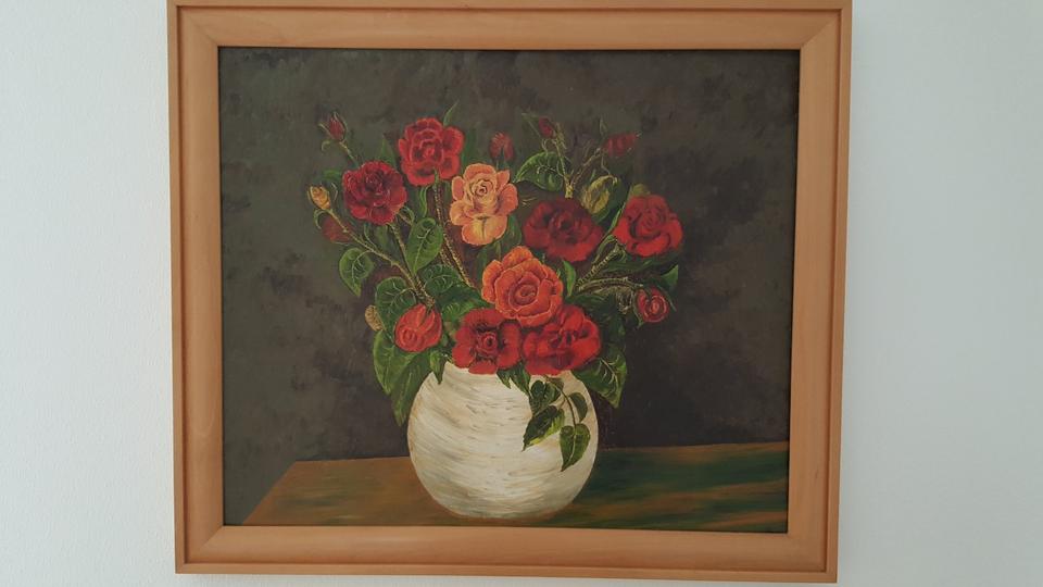 Gemälde Rosen in weißer Vase auf dunklem Hintergrund 68x58 in Kleve