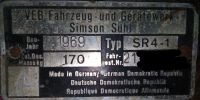 Simson Spatz Typenschild mit Fahrgestellnummer Sachsen - Chemnitz Vorschau