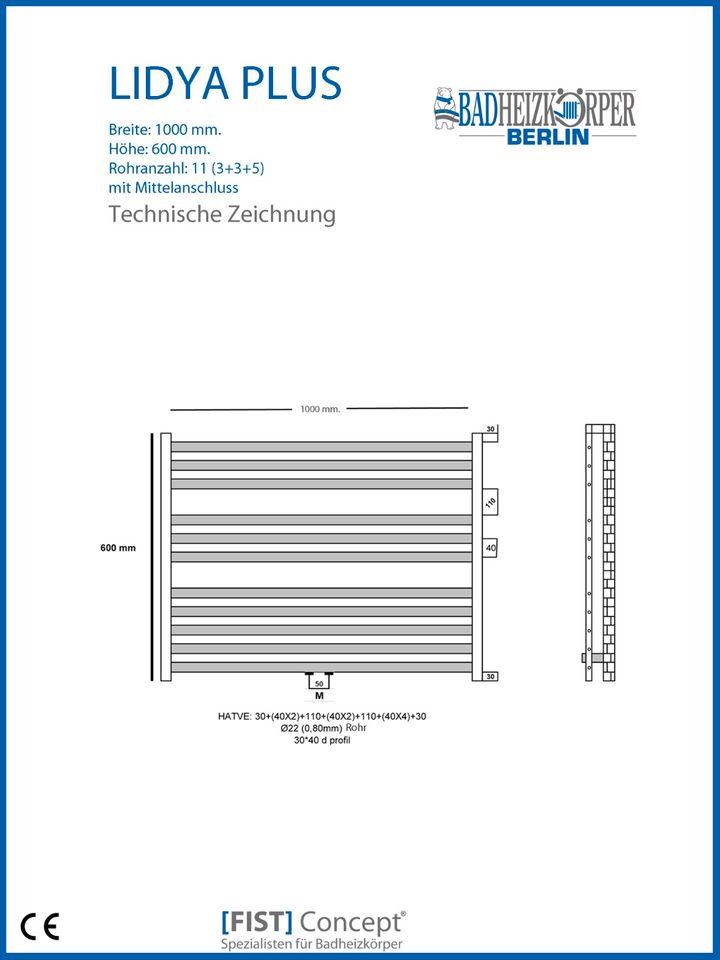 Badheizkörper LIDYA PLUS Chom  1000 x 600 mm. Mittelanschluss in Berlin