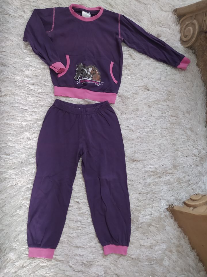 Hose Pullover Pulli Baumwolle Pyjama Schlafanzug lila Pferde 116 in Haan