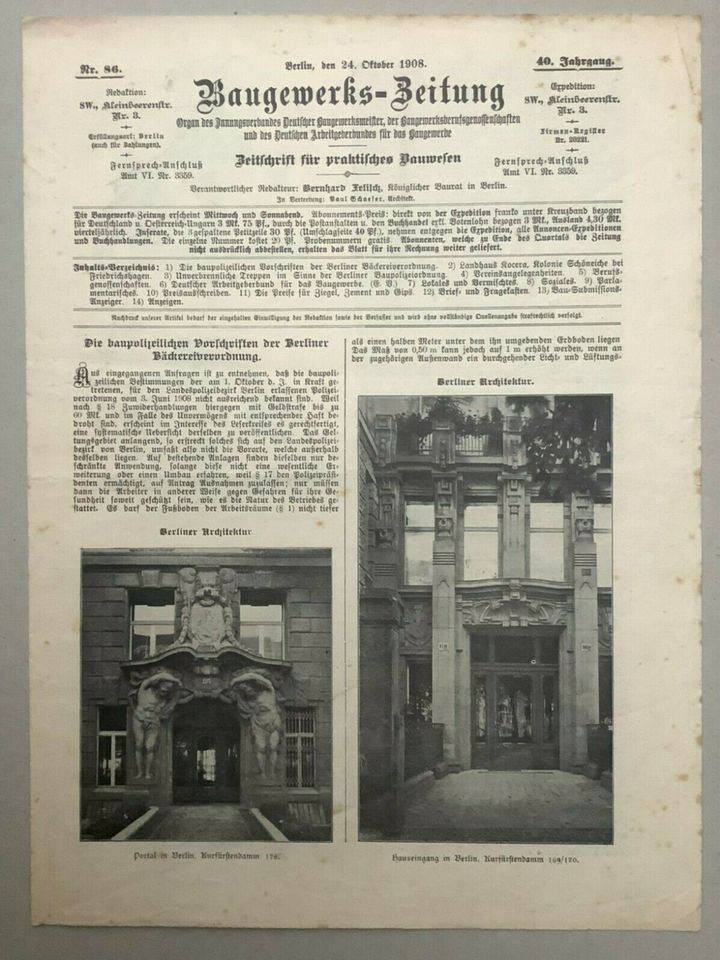 Baugewerks-Zeitung, Nr. 86, Berlin 1908, 40. Jahrgang in Dresden