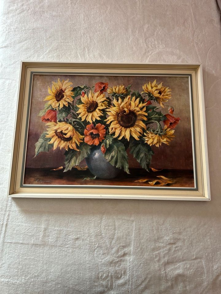 E. Müller 1958 Sonnenblumen Kunstdruck Bild mit Rahmen Gemälde in Pfeffelbach