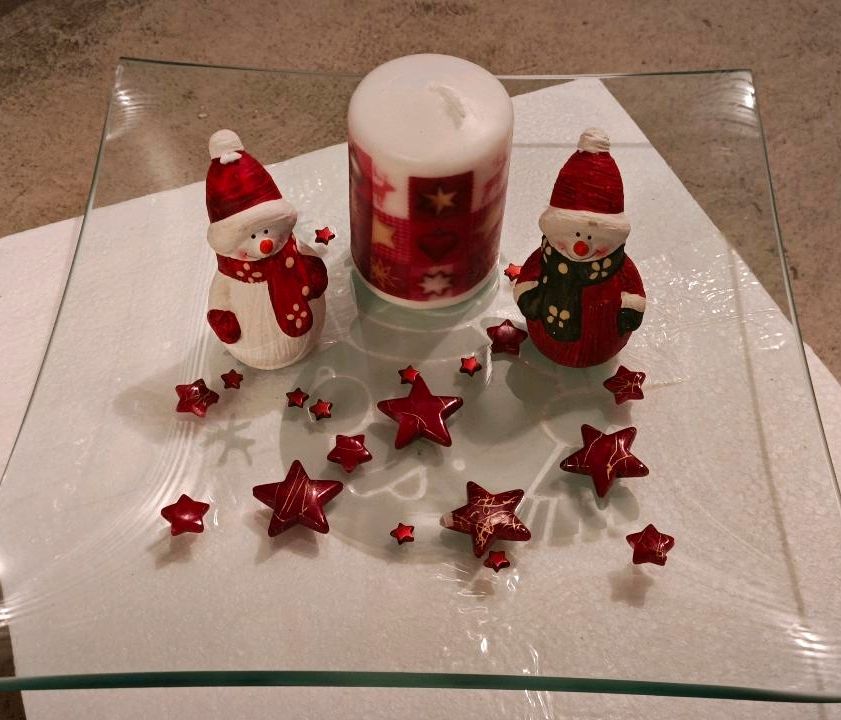 Schneemann Keramik Weihnachten Sterne Deko Kerze Glas Teller in Limbach-Oberfrohna