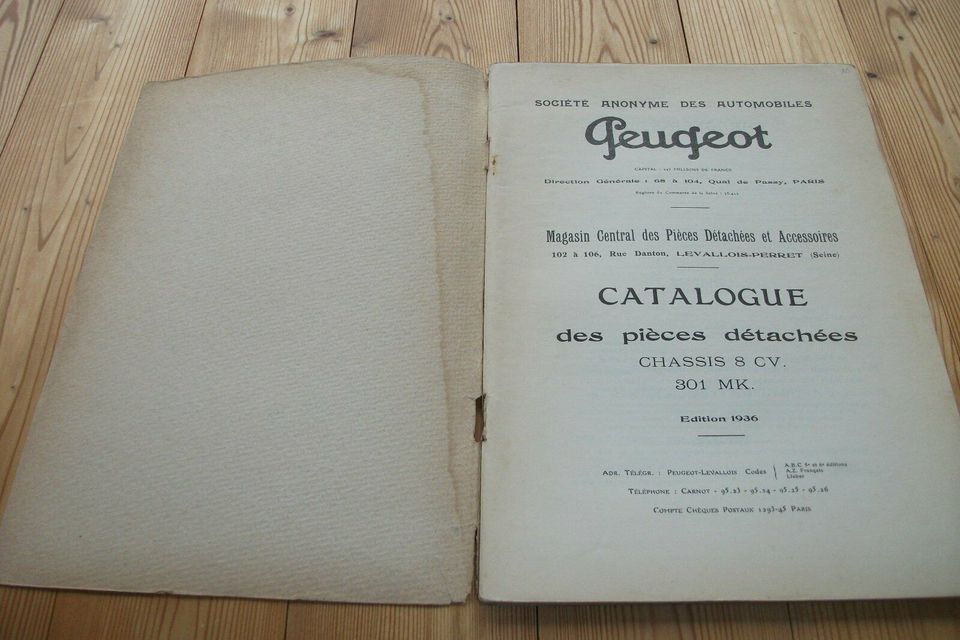 Peugeot 301 MK 8CV 1936 Catalogue des Pieces Detachees, Ersatztei in Berchtesgaden