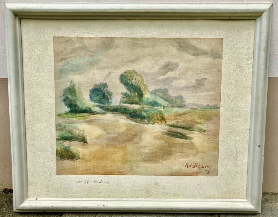 Älteres original Aquarell Bild AM UFER DER LESUM Rolf Heidenreich in Bremen