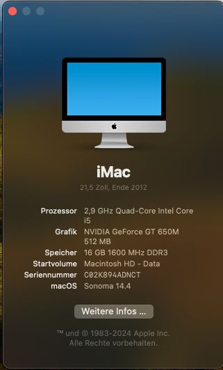 Apple iMac 21,5" 2012 mit 1TB SSD und 16 GB RAM macOS Sonoma 2024 in Pohlheim