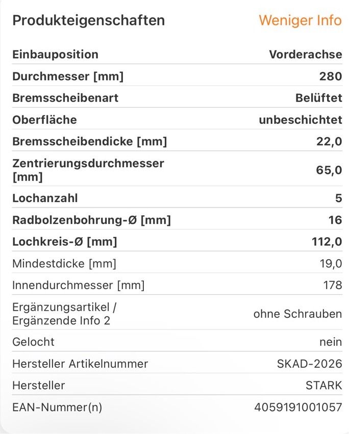 Bremsscheiben und Beläge für VW, Skoda, Audi. Lochkreis 5x112 in Braunschweig