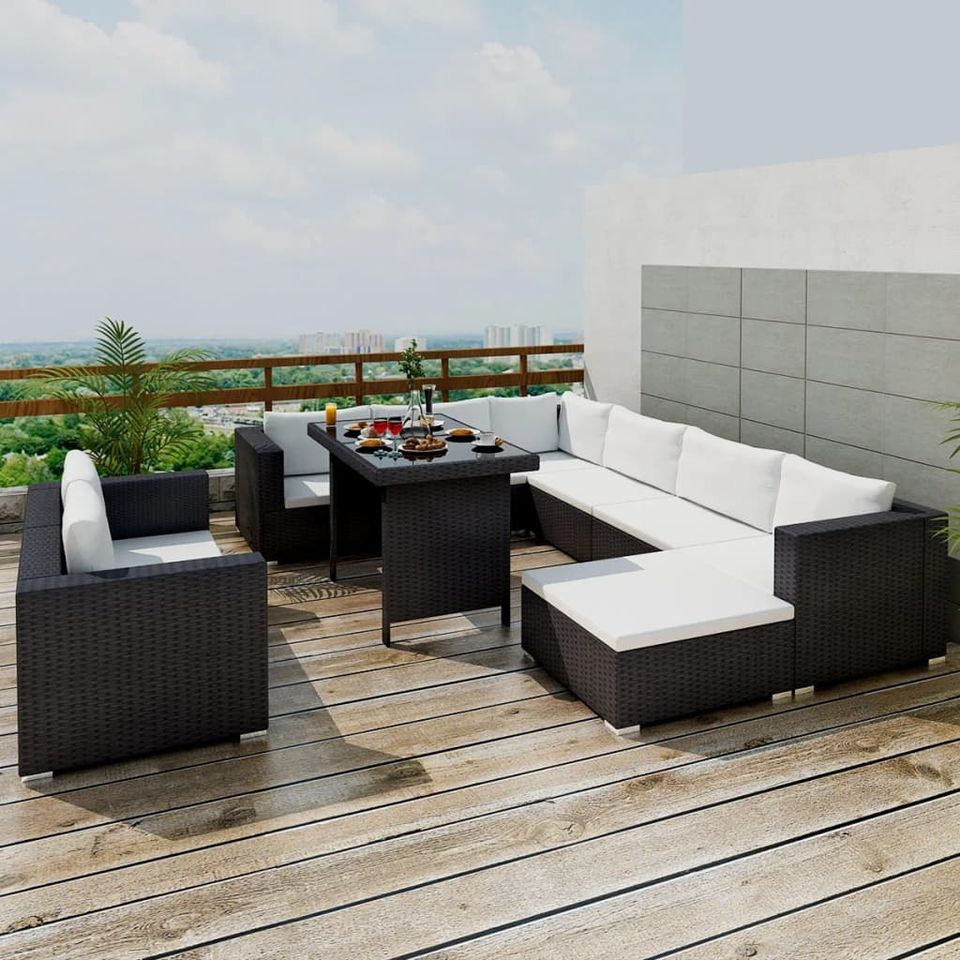 10-tlg. Garten-Lounge-Set mit Auflagen Poly Rattan versch. Farben in Helsa