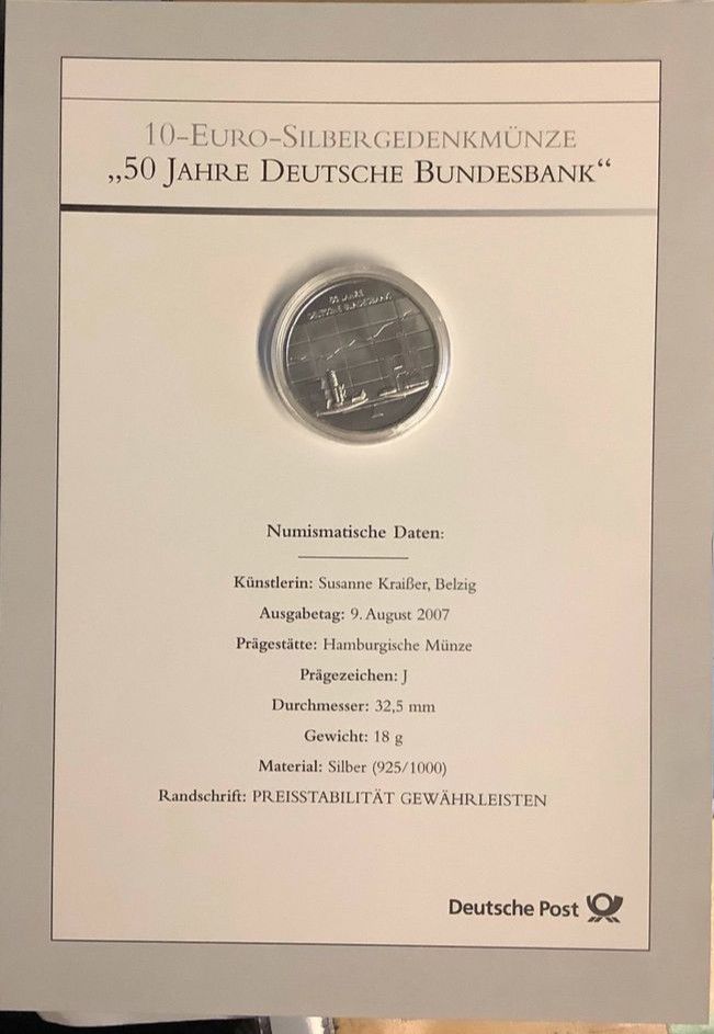 10 € Sammlermünze 2007 "50 Jahre Deutsche Bundesbank" Silber 925 in Berlin