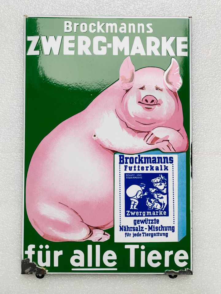 ‼️ EMAILSCHILD Brockmann Zwergmarke Futter Emailleschild 1950 in Schiffweiler