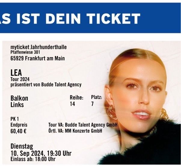 2x LEA Ticket / Tickets Tour 2024 Frankfurt 10.09.24 in Neunkirchen Siegerland