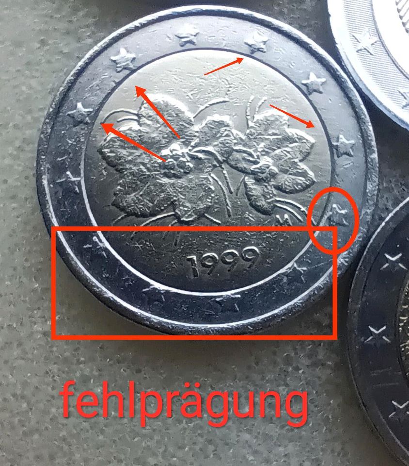 Seltene Fehlprägung: 2 Euro Münze aus 1999, geprägt in Finnland in Mülheim (Ruhr)