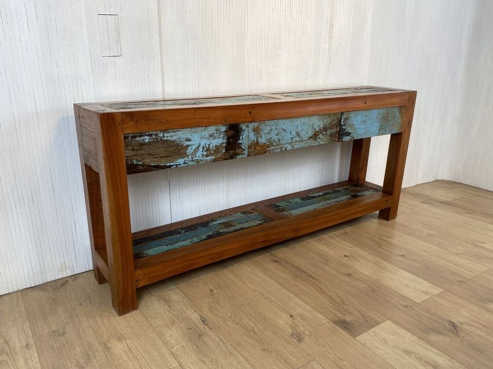 Boatwood by WMK #  Schöne & sehr schmale Konsole mit 3 Schubaden, ein aus altem Bootsholz handgefertigtes Unikat aus massivem Teakholz # Kommode Sideboard Garderobe Flurkommode Ablage Industrial Teak in Berlin