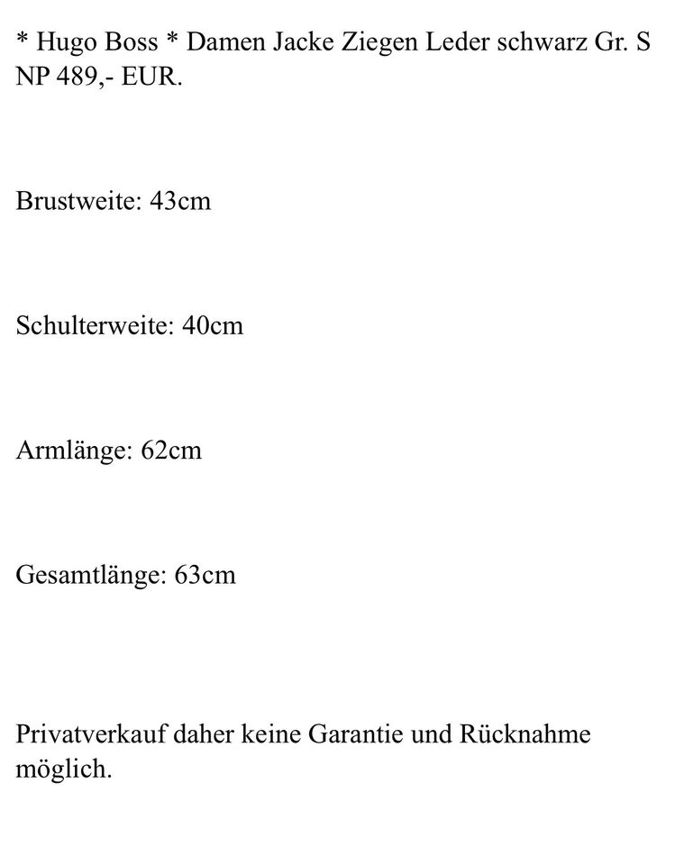 Hugo Boss Damen Jacke schwarz Gr. S 100% Ziegenleder NP: 489,-EUR in Nürnberg (Mittelfr)
