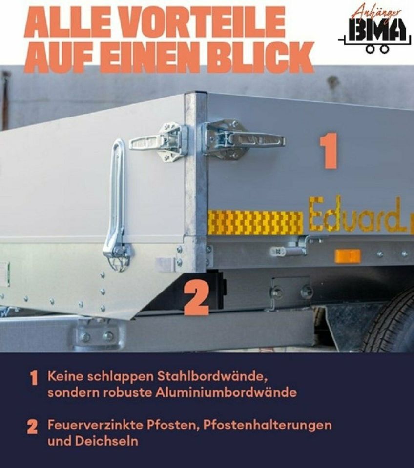EDUARD Anhänger Hochlader 200x145x30 1350kg ALUBORDWÄNDE NEU in Tannheim