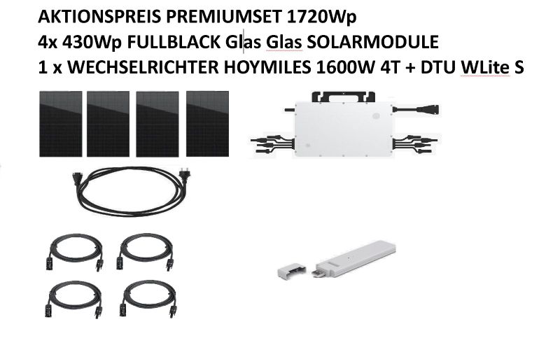 PREMIUMSET 1720Wp BALKONKRAFTWERK 4X430W FULL BLACK HOYMILES HMS-1600-4T  WECHSELRICHTER UND DTU-WLITE-S PHOTOVOLTAIK SOLARMODUL SOLARSTROM in  Schleswig-Holstein - Rendsburg