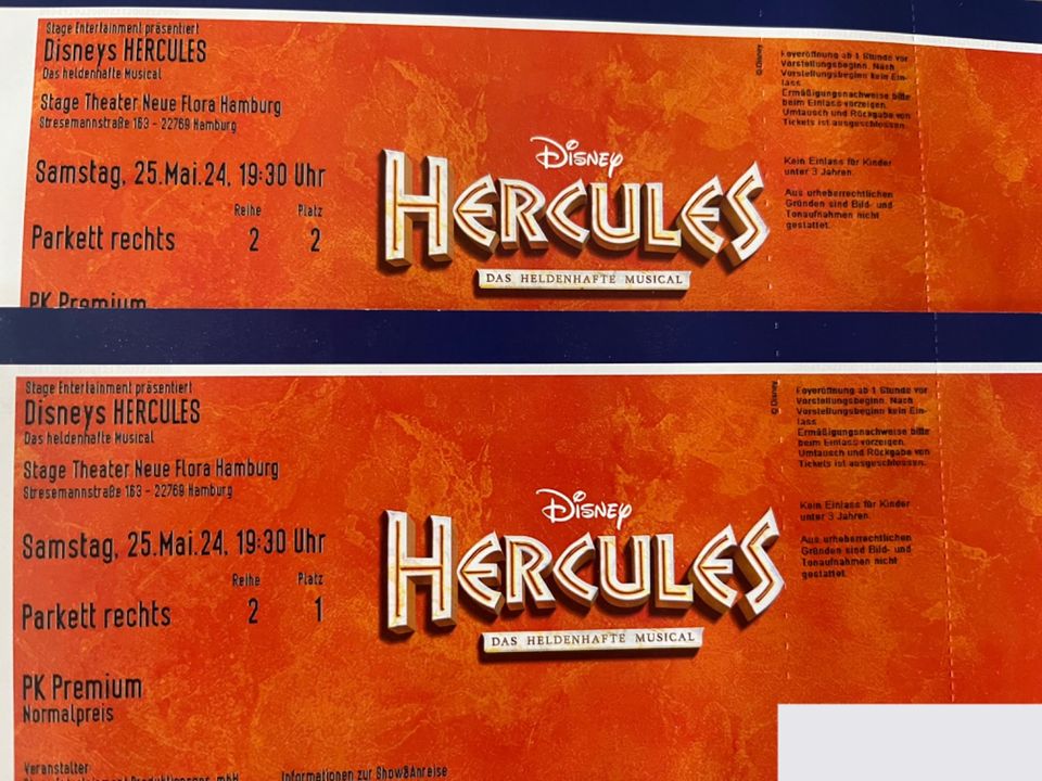 Disneys HERCULES Musical - 2 Premium Tickets - Hamburg - 25.05.24 in Oranienburg