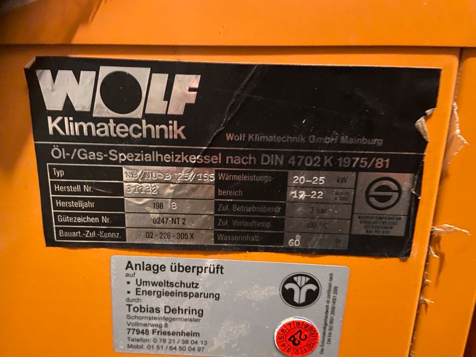 Ölheizung Wolf NU-B 25KW mit Brenner und mit 155 LiterSpeicher in Herbolzheim